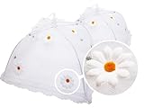 wohhwo Faltbare, quadratische Abdeckhauben, 2er-Set (31x31x18cm und 40x40x21cm), weiß mit Margeriten, Fliegenschutz für Essen, Lebensmittel Insektenschutz, Food Cover für Küche und Garten