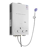 Gas Durchlauferhitzer LPG 16L 32KW Tragbar Tankless Warmwasserbereiter mit Duschkopf für Outdoor Camping Dusche & Wohnmobile, 0,15 bar Startwasserdruck