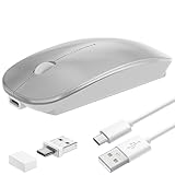 Azmall Wireless Mouse Slim Rechargeable Maus Kabellos for MacBook Air/Laptop/Ipad/Computer/Windows Android Tablet,Mini Silent Mice,Portable Wireless Bluetooth Two Mode Computer Mice(Silber)