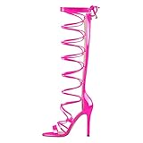 Meinabsatz Damen Sommerschuhe High Heels Sandalen Runde Offene Zehen Sandaletten Schnürsandalen mit Reißverschluss Lack Römersandalen Fuchsia 46 EU