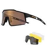 KAPVOE Polarisiert Fahrradbrille mit 4 wechselgläser TR90 Rahmen für Herren Damen Sport Radfahren MTB Sportsonnenbrille Radbrille Sportbrille Fahren Angeln Baseball Laufen Braun Schwarz 04