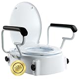 OrtoPrime Toillettensitzerhöhung mit Armlehnen - Höhenverstellbar 5, 10 und 15 cm - WC Sitz Erhöhung mit Absenkbarer Abdeckung - Toillettenaufsatz für Senioren - Sitzhilfe WC