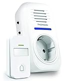 THOMSON Kabellose Funk Türklingel, 150 m Reichweite, ohne Batterien, IP44 wetterfest, mit Namensschild und LED-Anzeige, 32 Klingeltöne, integrierter Steckdosenplatz