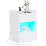 AOGLLATI Nachttisch mit LED-Beleuchtung und Ladestation, Nachtschrank mit 2 Schubladen und 1 Fach Beistelltisch mit Steckdosen Sofatisch für Schlafzimmer, Wohnzimmer 40x35x60cm (1, Weiß)