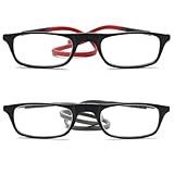 Lanomi Schmal Lesebrille Damen Herren Magnetverschluss Leicht Lesehilfe Sehhilfe mit Elastische Silikon Brillenbänder 2 Stücke Schwarz(Rot+Grau Arm) 2.0