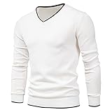 Feziakuk Strickpullover Herren V-Ausschnitt Pullover Herbst Winter Langarm Sweater Basic Winterpullover Warm Arbeitspullove Tops, Weiß L