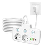 KBIBCK Steckdosenleiste mit USB, 2 Fach Mehrfachsteckdose mit Schalter, 6 in 1 Steckdosenadapter mit 3 USB+1 PD, Mehrfachstecker für Steckdose mit 2M Kabel,Doppelstecker für Steckdose für Zuhause Büro