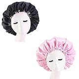 Satin-Schlafhaube für Damen, langes Haar, seidige Haube für lockiges Haar, wasserdichte Haarkappe zum Schlafen, extra groß, doppellagig, verstellbar, Duschhaube für Frauen, 2 Stück