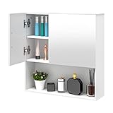 EUGAD Badezimmerschrank mit Spiegel, Spiegelschrank mit Tür Metallscharnieren, Schrank mit 5 Fächern 2 verstellbaren Trennwänden, Hängeschrank aus E1-MDF, Weiß, 54x55x15 cm