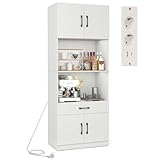 COSTWAY Küchenschrank 168 cm, Buffetschrank mit Ladestation, 1 USB & 1 Typ-C, Vorratsschrank Küche mit 4 Türen, Schublade, Arbeitsplatte & 2 verstellbaren Regalen, Hochschrank Mehrzweckschrank, Weiß