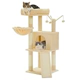 Kratzbaum Mehrstöckiger Katzenturm für Wohnungskatzen, Katzenkletterbaum mit Sisal bedeckten Kratzbäumen, tiefer Hängematte und interaktivem Katzenspielzeug (Beige)