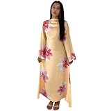 Damen Muslimische Kleider Glockenärmel Blumendruck Maxikleid Schmetterling Abaya Dubai Kaftan Gebetskleid für Eid Ramadan, Creme / Gelb, Mittel