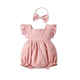 Yanmucy Baby Mädchen Baumwolle Strampler Neugeborenes Kleinkind Ruffle ärmellos rückenfrei Bodysuit mit Stirnband Sommer Baby Overall Outfits 0-18 Monate (Rosa, 0-3 Monate)