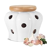 Knoblauch Aufbewahrung Vorratsgläser: Knoblauchtopf aus Keramik mit Bambus Deckel und Belüftungslöchern, Atmungsaktiv Zwiebel Aufbewahrung Knoblauch Behälter, für Paprika Zwiebel Knoblauch Ingwer