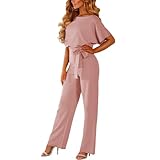 amropi Damen Kurzarm O-Ausschnitt Elegant Lang Jumpsuit Overall Hosenanzug Playsuit Romper Rosa,L