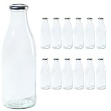 Vitrea 12 leere Glasflaschen 1 Liter Schraubverschluss Silber - Milchflaschen, Saftflaschen, große Flaschen zum Befüllen mit Deckel - für, Saft, Smoothies, Öl - 12 Stück, TO48, Milch