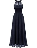 WedTrend Damen Spitzenkleid Brautjungfer Kleid Lang Chiffon Abendkleid Party Cocktailkleid Neckholder Sommerkleid Marineblau WT0201 Navy M