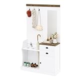Garderoben Set Wandgarderobe mit Spiegel und Haken für Flur, Wohnzimmer, 110,5×38×191cm, Flurgarderobe Set Garderobenschrank mit 2 Schubladen, Schirmständer und 1 Schrank, Weiß