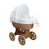 Wiklinopol Stubenwagen, Moseskorb Baby mit Gestell Annabell – Bollerwagen mit Rollen aus Naturweide – inkl. Matratze & 5-TLG. Weiß Musselin-Bettwäsche – Korb: Natur
