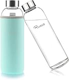 Ryaco Trinkflasche aus Glas 550ml/18oz,Glasflasche mit Neoprenhülle,Glastrinkflasche mit Schraubverschluss,Wasserflasche Glas für heiße kalte Getränke,spülmaschinenfest