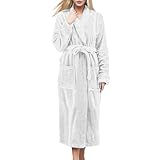 Damen Bademantel aus grauem Fleece, mit Gürtel, weicher langer Morgenmantel für Damen, warmer Plüsch-Wintermantel, leichte einfarbige Nachtwäsche, gemütliche Loungewear, entspannte Passform, weiß, L