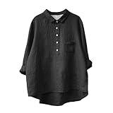 Damen Leinenbluse Sommer Tunika V-Ausschnitt Leinenhemd Große Größen Bluse Damen Langarmshirt Leinen Baumwolle Hemd Oberteile Tops Einfarbig Wickelbluse Tailliert Hemdbluse Musselin Blusenshirt