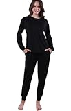 Awlsyj Damen-Pyjama, Lounge-Set, 2-teilig, langärmelig, Nachtwäsche mit Taschen, Verbessertes Schwarz, S