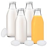 4 Glasflaschen 1000ml Saftflaschen Milchflaschen mit 8 Deckeln Weiß inkl. Etiketten