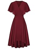 CURLBIUTY Damen Brautkleid V-Neck Rüschen Kurzarm Cocktailkleid Elegant Knielang Chiffonkleid Rotwein 44