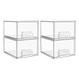 Vtopmart 4 Pack Stackable Storage Drawers, Acrylic Organiser with 32 Non-slip Mat, Acrylic Drawer Organiser for Dresser, Bathroom