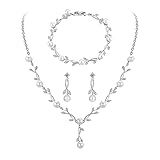 Toplstud Hochzeit 925 Schmuckset Silber Damen, Halskette Armband Ohrringe in Form eines Blattes mit Perlen, Hochzeitstag Geschenke für Braut Frauen