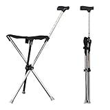 Gehstock mit Sitz,80–90cm Höhenverstellbar,Zusammenklappbarer Leichter Aid Stativ Krückenstuhl Stuhl,Tragkraft 150kg,Tragbarer 2-in-1 Dreieckiger Gehstock für Erwachsene
