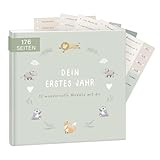 mintkind® Babyalbum 'Mein erstes Lebensjahr' Salbei + Sticker Set | Baby Fotoalbum zum Selbstgestalten | Baby Geschenk für Mädchen und Junge | Babybuch zum Eintragen | Baby-Tagebuch ab 0 Monate