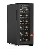 WIE Weinkühlschrank 1 Zonen 33 Liter 12 Flaschen Getränkekühlschrank Weinschrank Klein Wein-Kühlschrank Mini mit Glastür Vollglas-Designtür mit LED Touchpanel Anti-UV Wine Fridge