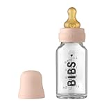 BIBS Baby Glass Bottle, Vermindert Koliken, Runder Sauger aus Naturkautschuklatex, Unterstützt das Stillen. Hergestellt in Dänemark, Complete Set - 110 ml, Blush