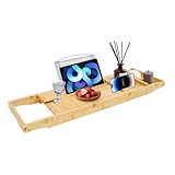 Ausziehbare Badewannenablage Aus Bambus, Badewannenbrett Mit Glas- & Tablethalter, Verstellbares Badewannen Ablagen, Für Die Meisten Badewannen - Hält Buch, iPad, Telefon, Glas, Kerze(Protokollfarbe)