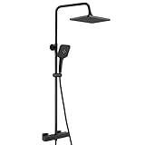 Auralum Duscharmatur Komplettset, Edelstahl Duschsystem mit Thermostat Armatur, 30x19 CM Regendusche, 3 Strahlarten Duschkopf und Höhenverstellbarer Duschstange