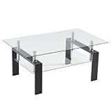 LEADZM Couchtisch Beistelltisch Wohnzimmermöbel Tisch 2 lagiges Design aus gehärtetem Glas,minimalistisch, Schwarze Beine,100 x 60 x 43 cm