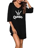 Bresdk Nachthemd Damen Langarm Schlafshirt Kurz Sleepshirt Baumwolle Nachtwäsche - Süßer Katzendruck Knielang Nachtkleid S-3XL Schwarz - Queen L