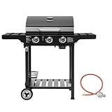 Royal Gourmet 3 Brenner Gasgrill Grillwagen mit Klappbaren Seitenablagen, Camping Grill mit Flascheständer, Standgrill mit Edelstahl Brenner 9 kW Schwarz