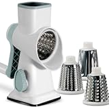 Bizcasa Käsereibe mit Kurbel, Gemüseschneider mit 3 Edelstahl Austauschbaren Trommeln Blättern, Mandoline Gemüsehobel, Gemüseschneider Mandoline Gemüsehobel für Käse, Obst und Gemüse (Weiß)