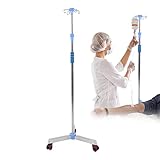 IV-Stange mit Rädern, Edelstahl IV-Ständer Tragbarer Infusionsständer IV-Taschenhalter mit 4 Haken für Krankenhaus und Heim, höhenverstellbar