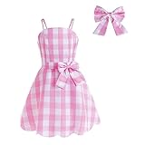 MNSWR Glitzer rosa Cosplay Kostüm Kleid Halloween rosa kariert Geburtstag Party Kostüme Kleid Schleife Set Ketten Für Hosen (Red, 4-5 Years)