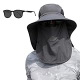 Fischerhut Breiter Krempe Mesh mit Nackenklappe und Abnehmbarer Gesichtsbedeckung Unisex Verstellbarer Sonnenhut Atmungsaktiver Angelmütze Wanderhut für Reisen, Outdoor-Abenteue, mit Sonnenbrille, L