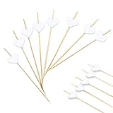 Huotflame Cocktailspieße 100 Stück - 12 cm Bambusspieße mit Weißen Herz Deko - Perfekt für Valentinstag, Hochzeit, Geburtstag, Fingerfood, Cocktails, Snacks und Party Dekorationen