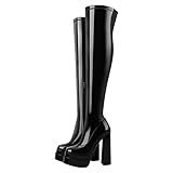 Only maker Damen Plateau Stiefel Overknee Stretch Boots mit Blockabsatz Seitlicher Reißverschluss Lack Schwarz 45 EU