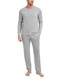 Leversic Zweiteiliger' Pyjamaset Schlafanzug Herren Lang Rundhals aus Baumwolle Modisches Farbblockstreifen-Design, Pyjama Herren Lang mit Tasche, 253-Grau, XXL