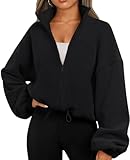 EUDOLAH Damen Reißverschluss Sweatshirt Langarm Fleece Schüttelvlies Pulli Outwear Jacken Herbst Winter Sweatjacke mit Kordelzug 01 Schwarz S