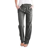 Leinenhose Damen Hose Sommer Musselin Casual Baumwolle Leinen Hosen Stoffhose Einfarbig Freizeithose Stretch Leicht Gerade Geschnitten Strandhose Sommerhose Straight Leg Hosen und Taschen