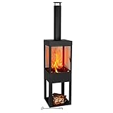 BBQ Collection Terrassenofen mit Schornstein - Feuerstelle 44 x 47 x 194 cm - Gartenkamin für Brennholz - Gartenofen mit Funkenschutz und Holzablage - Terassenofen Außen - Karbonstahl